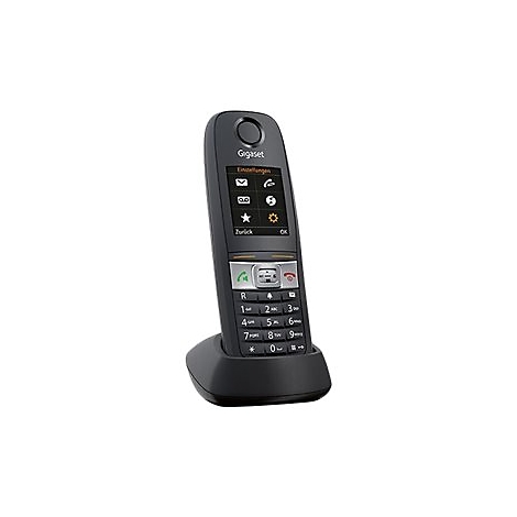 Schwarzes schnurloses Telefon mit Bildschirm und Tasten in der Ladestation. Auf dem Bildschirm sind Symbole und die Einstellungen zu sehen.