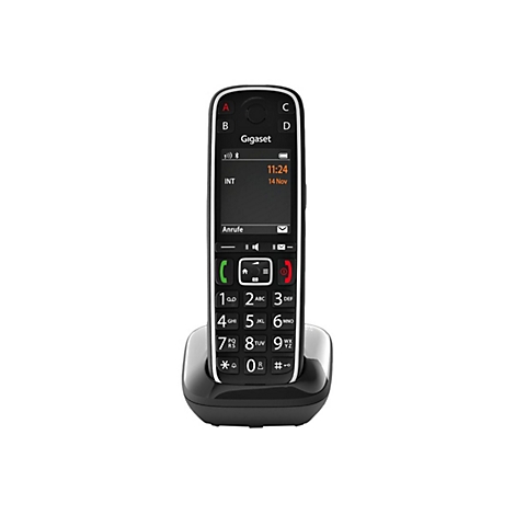 Schwarzes schnurloses Telefon auf Ladestation. Display mit Uhrzeit, Datum und MenÃ¼. Tastatur mit groÃŸen Ziffern.