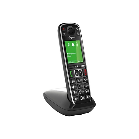 Schnurloses Telefon mit Display in schwarzem Dock. Display zeigt Anrufer. Marke Gigaset.