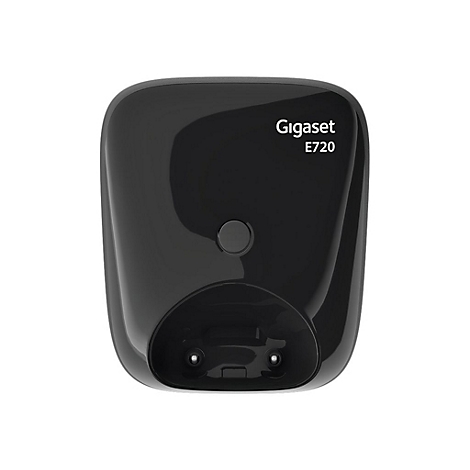 Schwarze Telefon-Basisstation Gigaset E720 mit Ladeschale, Schriftzug und Knopf.