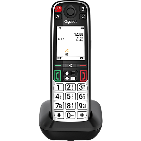 Gigaset Seniorentelefon mit großen Tasten und SOS-Knopf in einer schwarzen Ladestation.