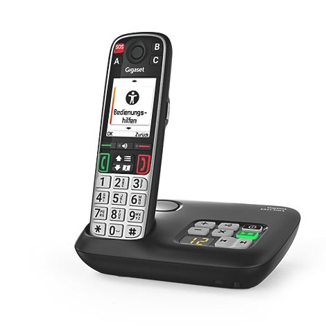 Schwarzes Gigaset Senioretelefon mit großer Tastatur und Basisstation vor weißem Hintergrund.