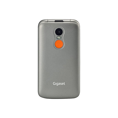 Graues Handy mit orangefarbenem SOS-Knopf und Kamera.