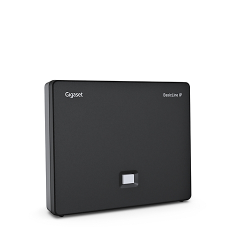 Schwarze Gigaset BasicLine IP Basisstation vor weißem Hintergrund.