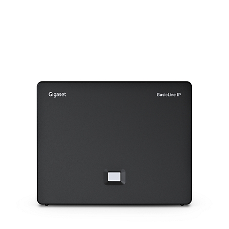 Schwarze Gigaset BasicLine IP Basisstation mit leuchtender Anzeige vor weißem Hintergrund.