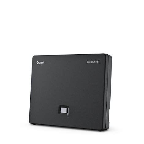 Schwarze Gigaset BasicLine IP Basisstation vor weißem Hintergrund.
