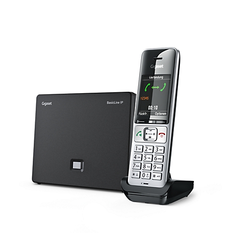 Gigaset IP-Telefon mit Basisstation und schnurlosem Mobilteil auf weißem Hintergrund.