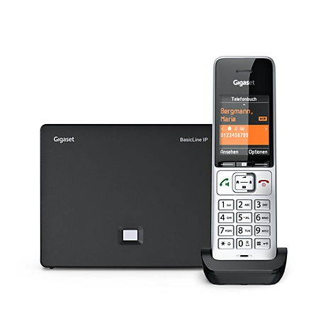 Gigaset IP-Telefon mit Basisstation und beleuchtetem Display.