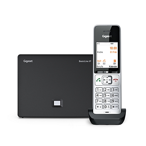 Schwarze Basisstation und silber-schwarzes schnurloses Gigaset-Telefon auf weißem Hintergrund.