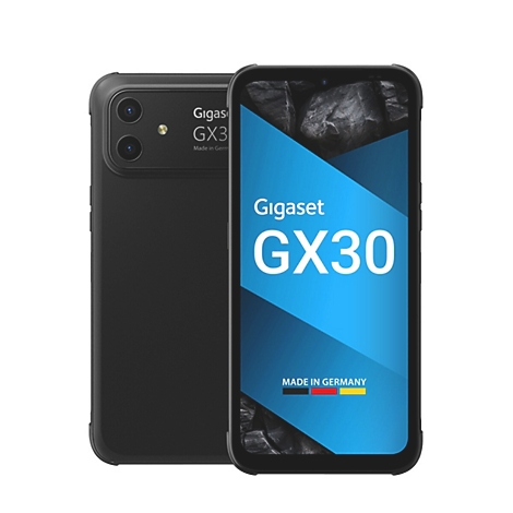 Schwarzes Gigaset GX30 Smartphone, Vorder- und Rückansicht mit eingeblendetem Produktnamen.