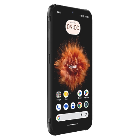 Schwarzes Gigaset Smartphone in Ansicht von leicht schräg vorne mit aktivem Display und bunten App-Icons.