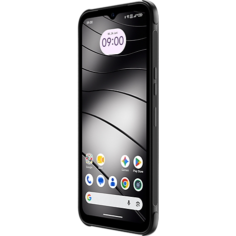 Schwarzes Smartphone mit Wellen-Hintergrund, Uhrzeit 09:00 Uhr und App-Icons auf dem Display.