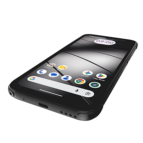 Ein schwarzes Smartphone aus der Perspektive von schräg oben, Display mit App-Symbolen aktiv.