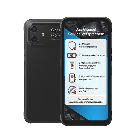 Gigaset GX3 Smartphone zeigt das Service-Versprechen auf dem Display mit Garantiedetails.