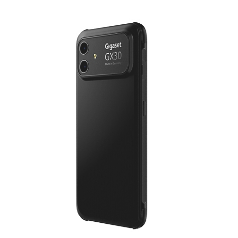 Rückseite eines schwarzen Gigaset GX30 Smartphones mit markantem Kameramodul vor weißem Hintergrund.