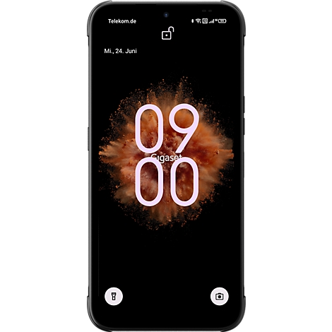 Gigaset Smartphone mit Sperrbildschirm, zeigt Uhrzeit 09:00 Uhr und Datum 24. Juni an.