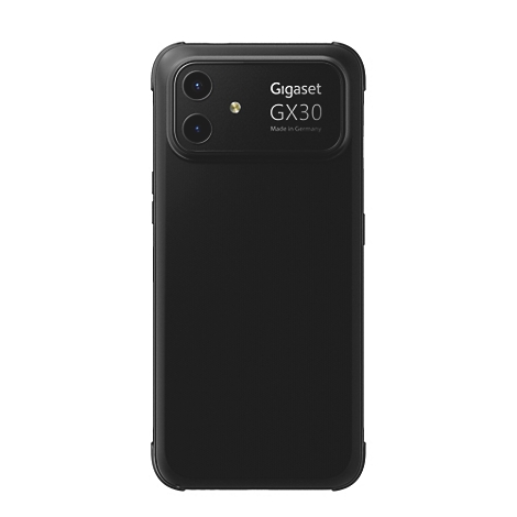 Schwarzes Gigaset GX30 Smartphone, Rückseite mit Dual-Kamera und Schriftzug vor weißem Hintergrund.