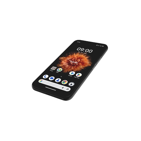 Schwarzes Smartphone in einer leicht schrägen Perspektive vor weißem Hintergrund.