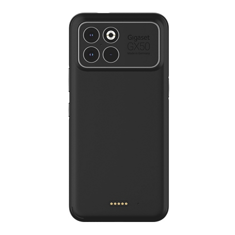 Schwarzes Gigaset GX50 Smartphone von hinten mit Dual-Kamera-Modul.