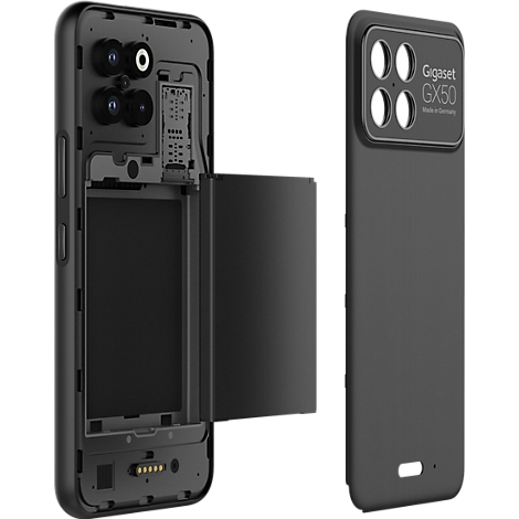 Gigaset GX50 Smartphone mit entnommenem Akku und abgenommener Rückschale auf weißem Hintergrund.