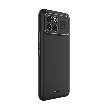 Schwarzes Gigaset GX50 Smartphone von schräg hinten mit Kamera-Modul und Ladekontakten.