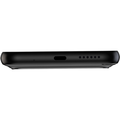 Unterseite eines schwarzen Smartphones mit USB-C-Anschluss und Lautsprecheröffnungen.