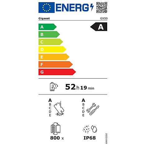 EU-Energielabel für das Gigaset GX50 mit Effizienzklasse A und technischen Spezifikationen.