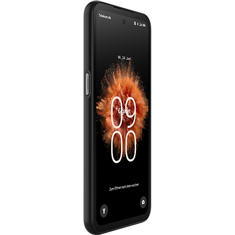 Schwarzes Smartphone in Seitenansicht mit orangefarbenem Display-Hintergrund und Zeitangabe 09:00 Uhr.