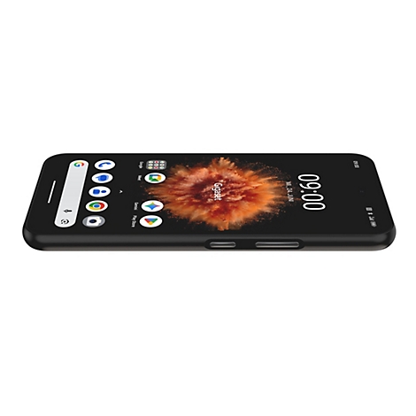 Schwarzes Smartphone in Schrägansicht mit eingeschaltetem Display und Android-Benutzeroberfläche.