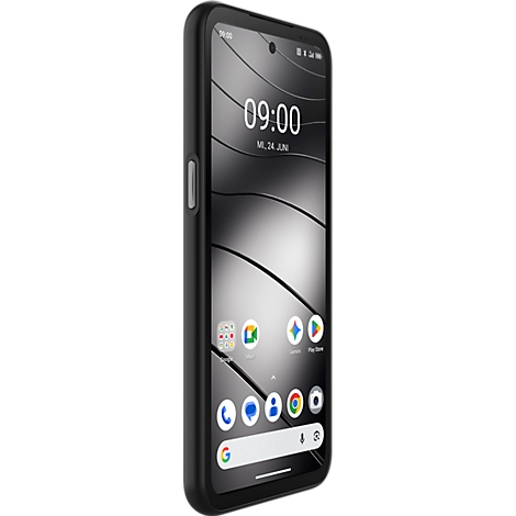 Schwarzes Smartphone in Schrägansicht mit eingeschaltetem Display und Uhrzeit 09:00 Uhr.