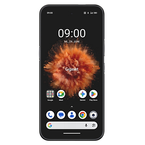 Gigaset Smartphone mit schwarzem Display und orangefarbenem Wolkenhintergrund sowie App-Icons.