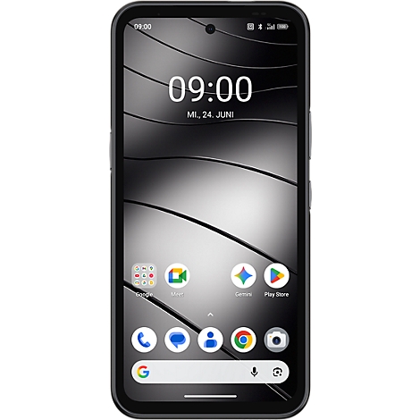 Schwarzes Smartphone mit eingeschaltetem Bildschirm, zeigt Datum, Uhrzeit 09:00 Uhr und App-Symbole.