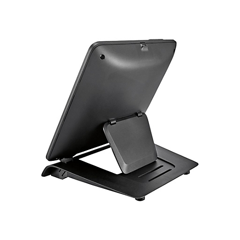 Schwarzer Tablet-Ständer. Das Tablet ist in einem leicht schrägen Winkel aufgestellt. Details der Halterung sind erkennbar.