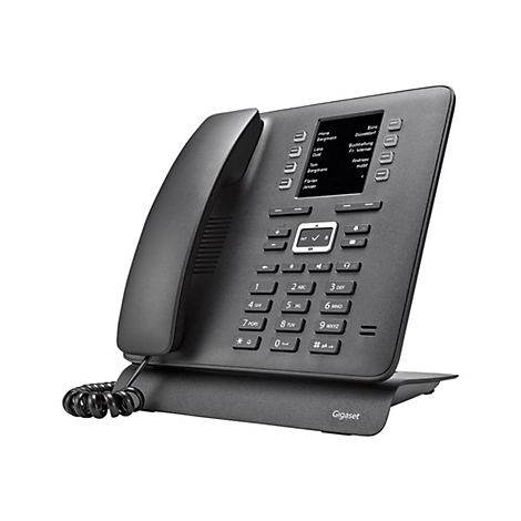 Dunkelgraues Gigaset-Tischtelefon mit Wählknöpfen, Display und Hörer. Auf dem Display Namen und Telefonnummern.