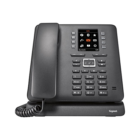 Schwarzes Tischtelefon mit Display, Tastatur und Hörerkabel. Auf dem Display SMS und verschiedene Symbole. Der Schriftzug Gigaset ist zu sehen.