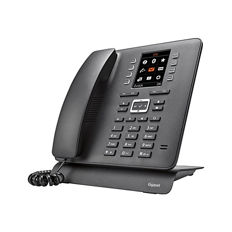 Schwarzes Gigaset-Telefon mit Display, Tastatur und Hörer. Auf dem Display stehen SMS, Zurück und OK. Auf der Basis steht Gigaset.
