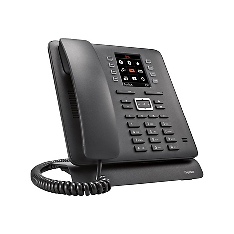 Schwarzes Gigaset-Telefon mit Tastatur, Display und Hörer, auf weißem Hintergrund. SMS, Zurück und OK sind zu sehen.