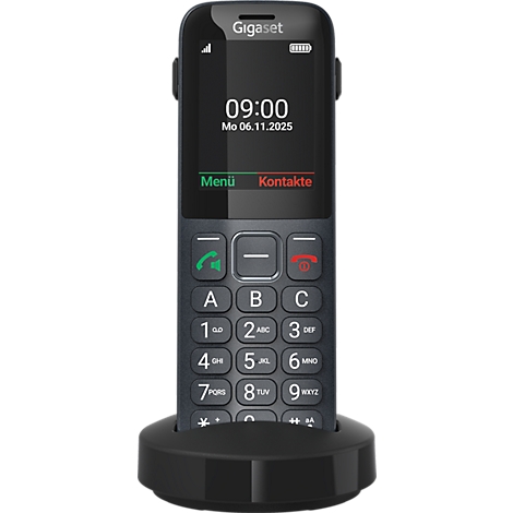 Schwarzes Gigaset Senioren-Telefon in Ladestation mit beleuchtetem Display und großen Tasten.