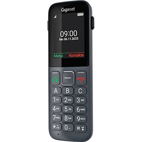 Dunkelgraues Gigaset Seniorenhandy mit großem Display und Tastenfeld vor weißem Hintergrund.
