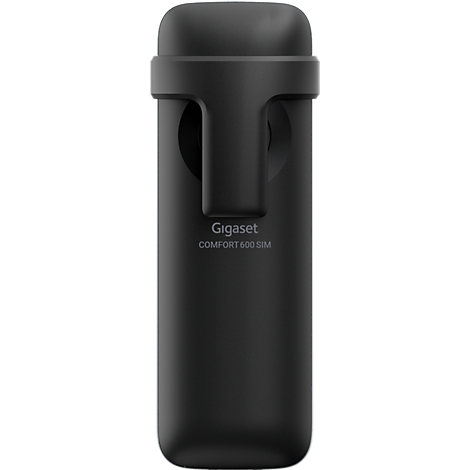 Schwarzes Gigaset COMFORT 600 SIM Mobilteil von vorne vor neutralem Hintergrund.