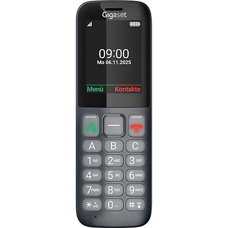 Schwarzes Gigaset Seniorenhandy mit großem Tastenfeld und Display, das die Uhrzeit anzeigt.