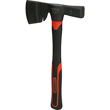 Schwarze Axt mit rotem Griff, KS TOOLS Logo. Die Axt hat eine Schneide und einen Hammerkopf.