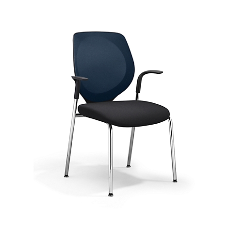 Office chair with blue back, black seat, armrests and chrome legs.