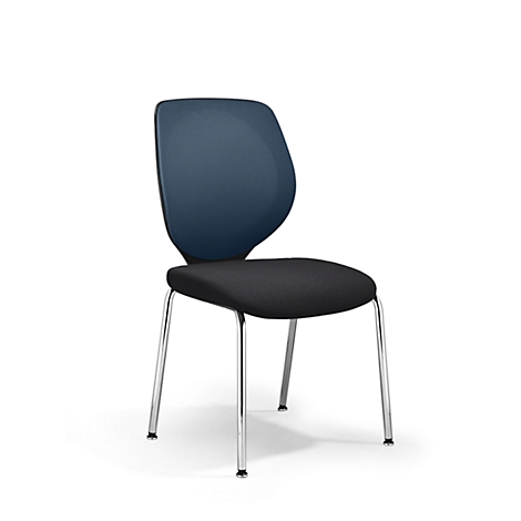 Chair with a dark blue back, black seat, and chrome legs. Set against a white backdrop.