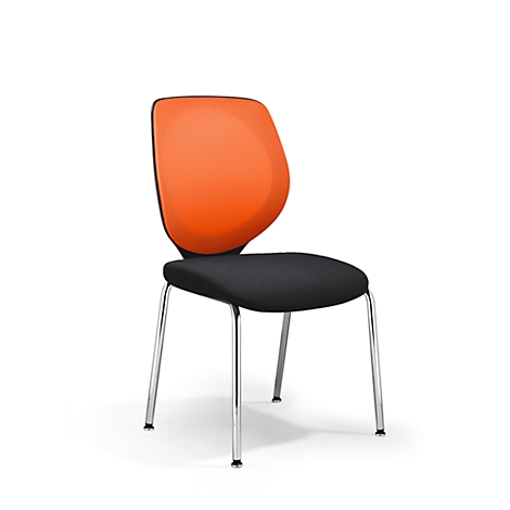 A chair with a black seat and backrest. The backrest is orange. The frame is chrome-plated.