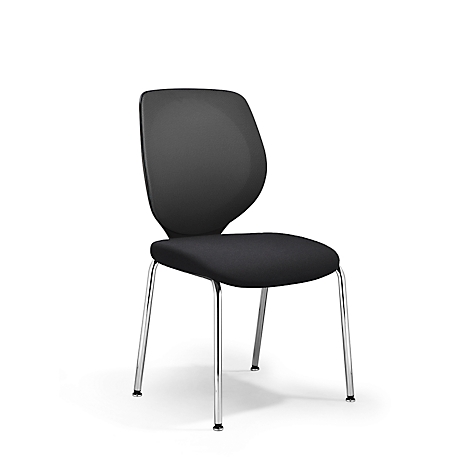 Black chair with chrome legs on white background. The seat and backrest are upholstered.
