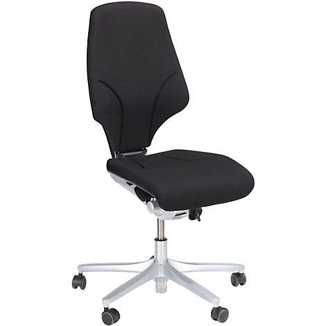 Black office chair with silver base and casters. The backrest and seat are upholstered.