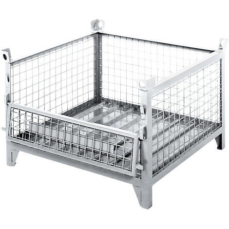 Metallkorb in Drahtgitteroptik. Rechteckige Form, seitlich abklappbar, für Lagerung geeignet.