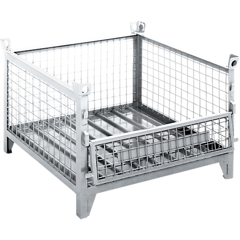 Stahlgitterbehälter in Drahtgitteroptik mit Boden und Füßen, Seiten teils offen.