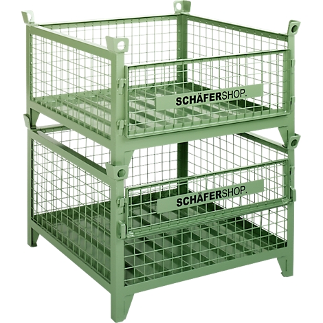 Zwei grüne Gitterboxen, übereinandergestapelt. Auf jeder Box ist das Logo "SCHÄFERSHOP" zu sehen.